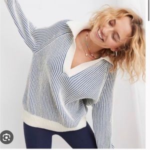Aerie sugar rush striped chenille pullover v neck knit sweater